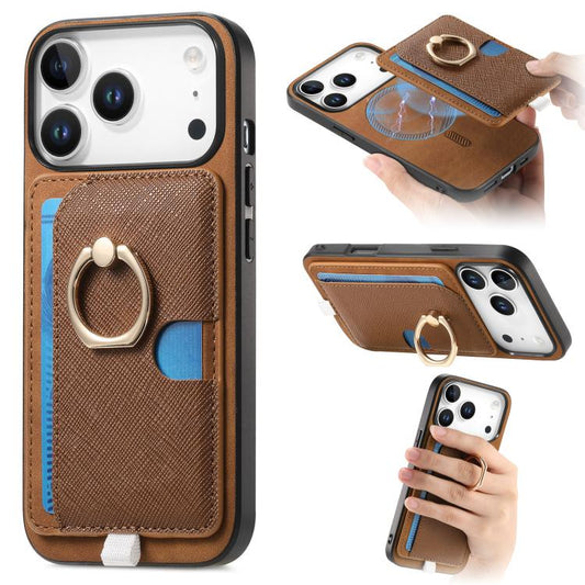 For iPhone 17 Pro Retro Cross Leather Ring Side Insert Card Bag MagSafe Phone Case(Brown) - iPhone 17 Pro Cases by buy2fix | Online Shopping UK | buy2fix