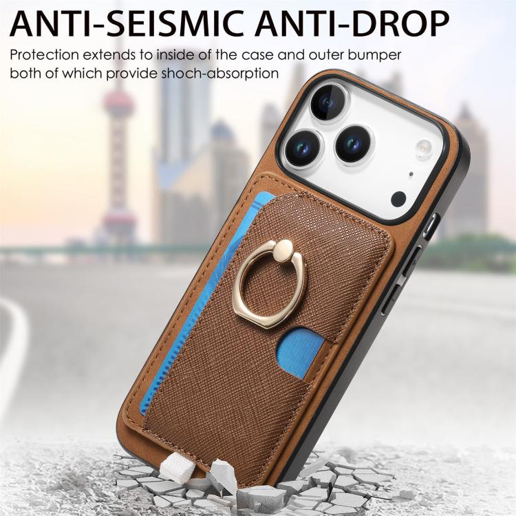 For iPhone 17 Pro Retro Cross Leather Ring Side Insert Card Bag MagSafe Phone Case(Brown) - iPhone 17 Pro Cases by buy2fix | Online Shopping UK | buy2fix
