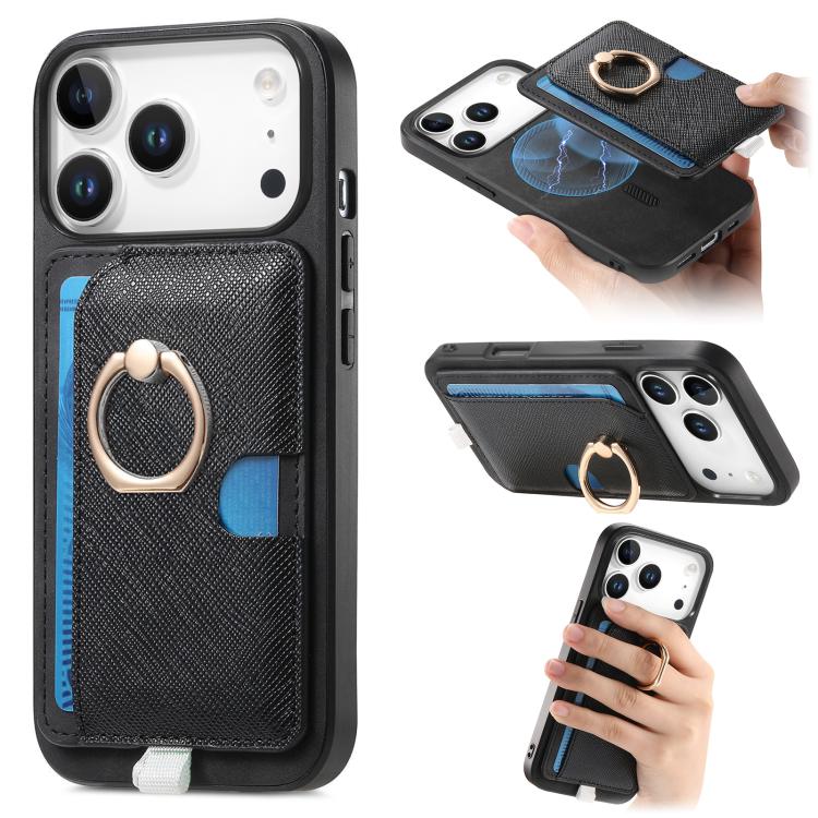 For iPhone 17 Pro Retro Cross Leather Ring Side Insert Card Bag MagSafe Phone Case(Black) - iPhone 17 Pro Cases by buy2fix | Online Shopping UK | buy2fix