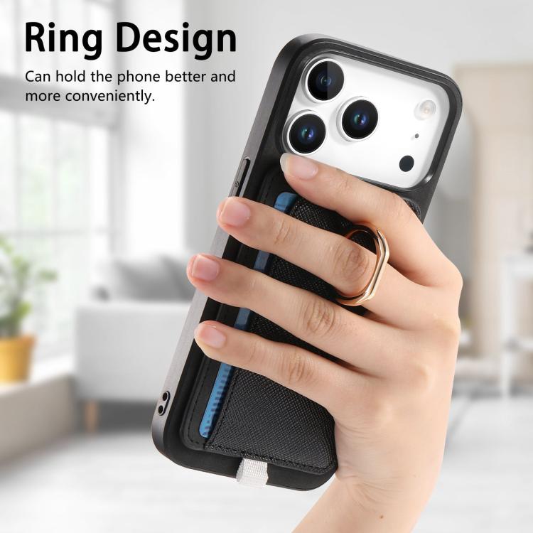 For iPhone 17 Pro Retro Cross Leather Ring Side Insert Card Bag MagSafe Phone Case(Black) - iPhone 17 Pro Cases by buy2fix | Online Shopping UK | buy2fix