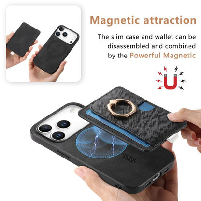 For iPhone 17 Pro Retro Cross Leather Ring Side Insert Card Bag MagSafe Phone Case(Black) - iPhone 17 Pro Cases by buy2fix | Online Shopping UK | buy2fix