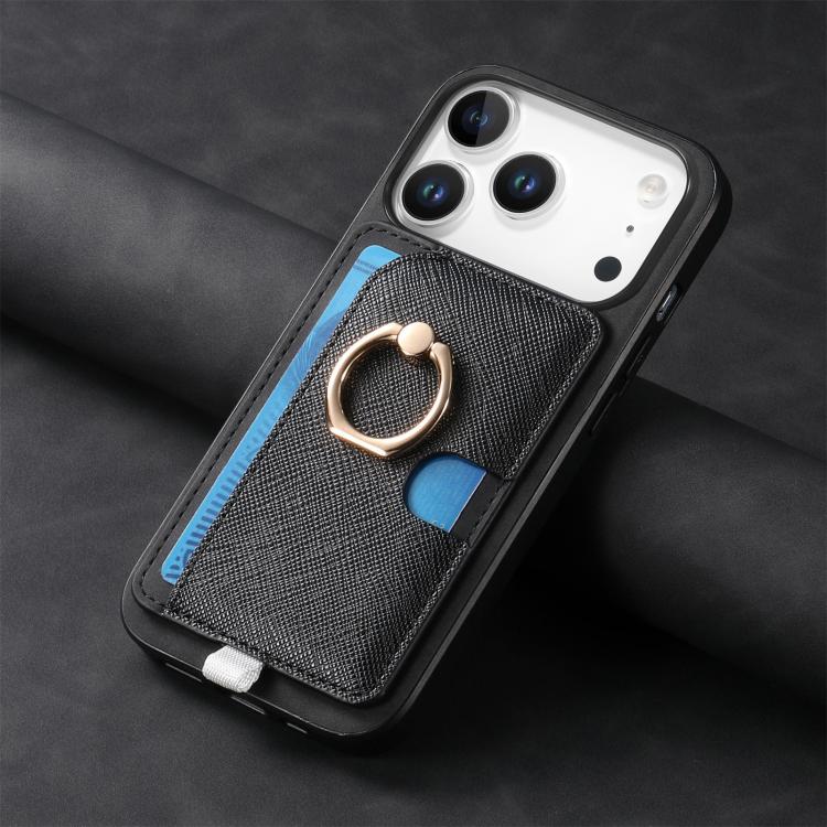 For iPhone 17 Pro Retro Cross Leather Ring Side Insert Card Bag MagSafe Phone Case(Black) - iPhone 17 Pro Cases by buy2fix | Online Shopping UK | buy2fix