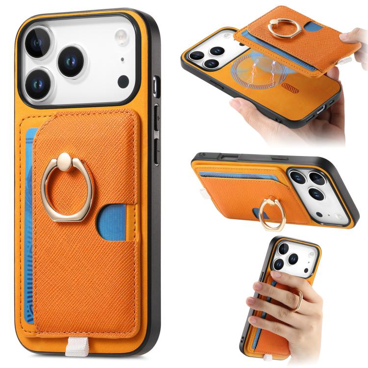For iPhone 17 Pro Max Retro Cross Leather Ring Side Insert Card Bag MagSafe Phone Case(Yellow) - iPhone 17 Pro Max Cases by buy2fix | Online Shopping UK | buy2fix