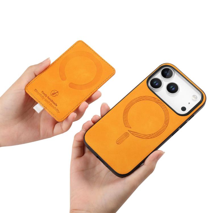 For iPhone 17 Pro Max Retro Cross Leather Ring Side Insert Card Bag MagSafe Phone Case(Yellow) - iPhone 17 Pro Max Cases by buy2fix | Online Shopping UK | buy2fix