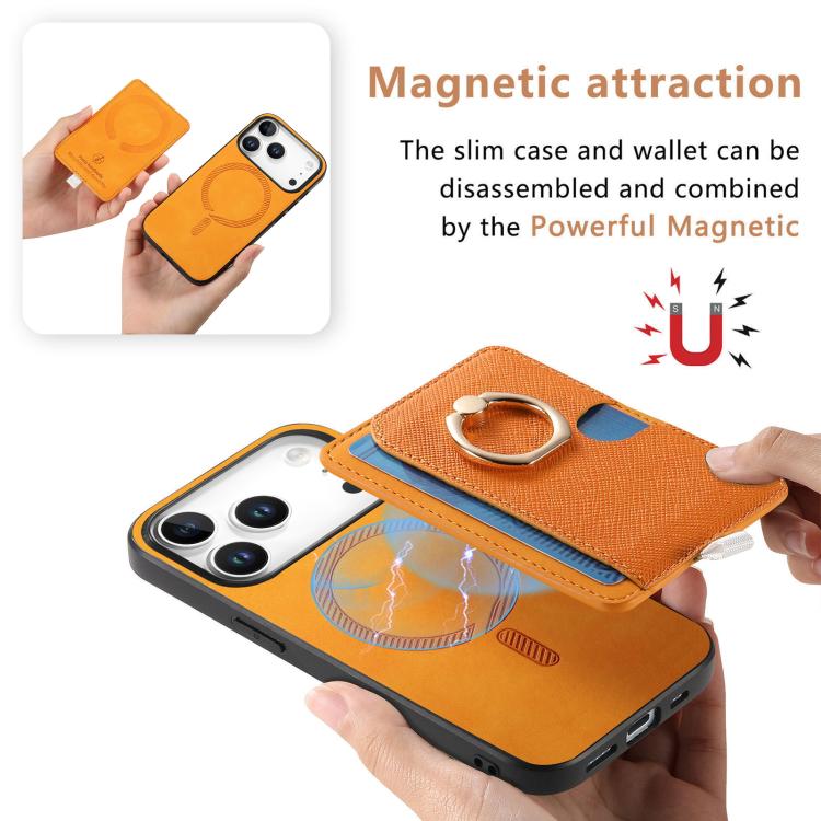 For iPhone 17 Pro Max Retro Cross Leather Ring Side Insert Card Bag MagSafe Phone Case(Yellow) - iPhone 17 Pro Max Cases by buy2fix | Online Shopping UK | buy2fix