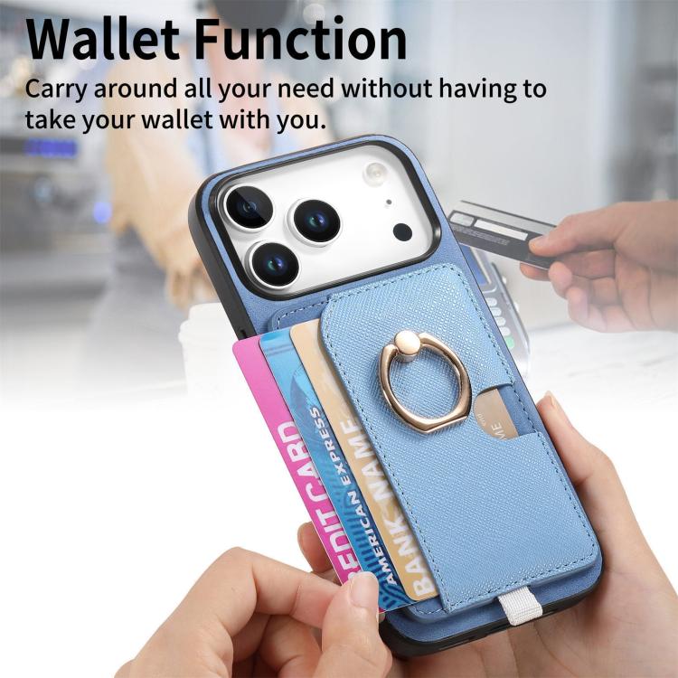 For iPhone 17 Pro Max Retro Cross Leather Ring Side Insert Card Bag MagSafe Phone Case(Blue) - iPhone 17 Pro Max Cases by buy2fix | Online Shopping UK | buy2fix