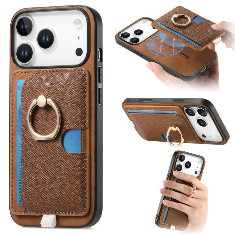 For iPhone 17 Pro Max Retro Cross Leather Ring Side Insert Card Bag MagSafe Phone Case(Brown) - iPhone 17 Pro Max Cases by buy2fix | Online Shopping UK | buy2fix