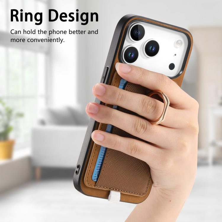For iPhone 17 Pro Max Retro Cross Leather Ring Side Insert Card Bag MagSafe Phone Case(Brown) - iPhone 17 Pro Max Cases by buy2fix | Online Shopping UK | buy2fix