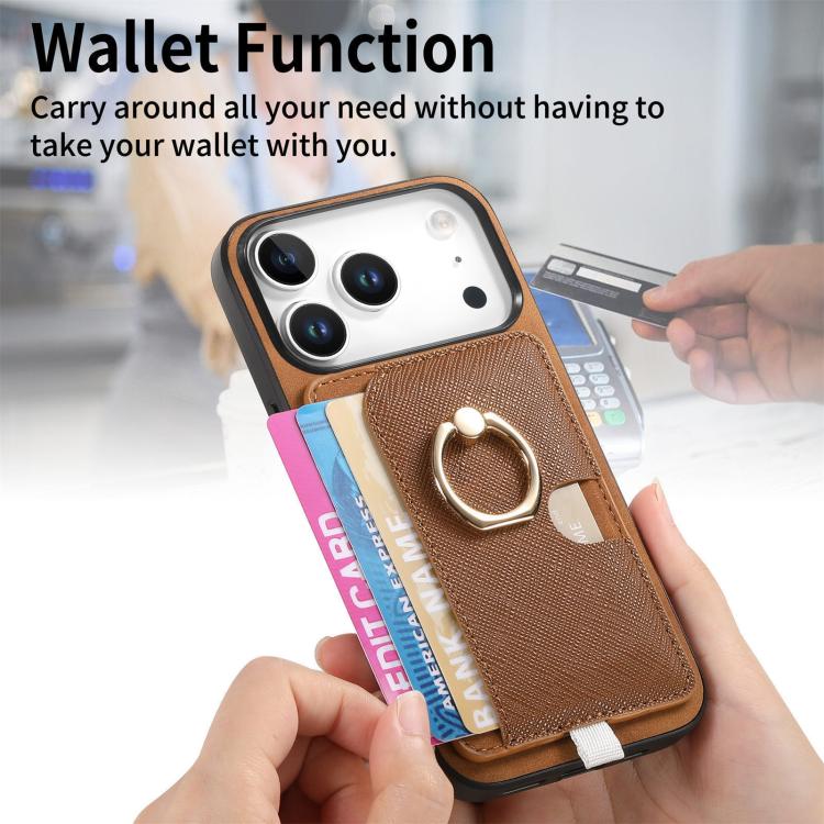 For iPhone 17 Pro Max Retro Cross Leather Ring Side Insert Card Bag MagSafe Phone Case(Brown) - iPhone 17 Pro Max Cases by buy2fix | Online Shopping UK | buy2fix