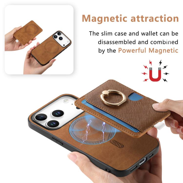 For iPhone 17 Pro Max Retro Cross Leather Ring Side Insert Card Bag MagSafe Phone Case(Brown) - iPhone 17 Pro Max Cases by buy2fix | Online Shopping UK | buy2fix
