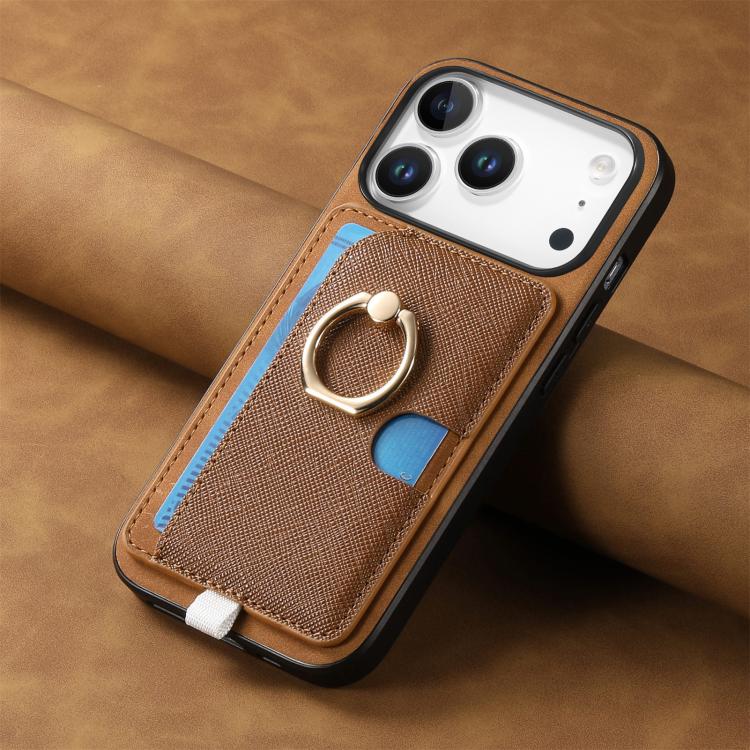 For iPhone 17 Pro Max Retro Cross Leather Ring Side Insert Card Bag MagSafe Phone Case(Brown) - iPhone 17 Pro Max Cases by buy2fix | Online Shopping UK | buy2fix