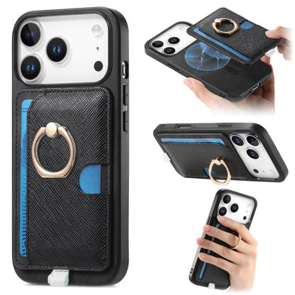 For iPhone 17 Pro Max Retro Cross Leather Ring Side Insert Card Bag MagSafe Phone Case(Black) - iPhone 17 Pro Max Cases by buy2fix | Online Shopping UK | buy2fix