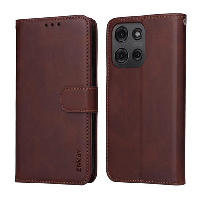 For Motorola Moto G75 ENKAY Card Wallet Calf Texture Leather Phone Case with Screen Film(Pink) - Motorola Cases by ENKAY | Online Shopping UK | buy2fix