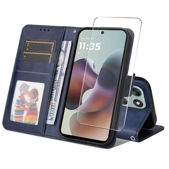 For Motorola Moto G56 / G66j / G66y 5G ENKAY Card Wallet Calf Texture Leather Phone Case with Screen Film(Blue)