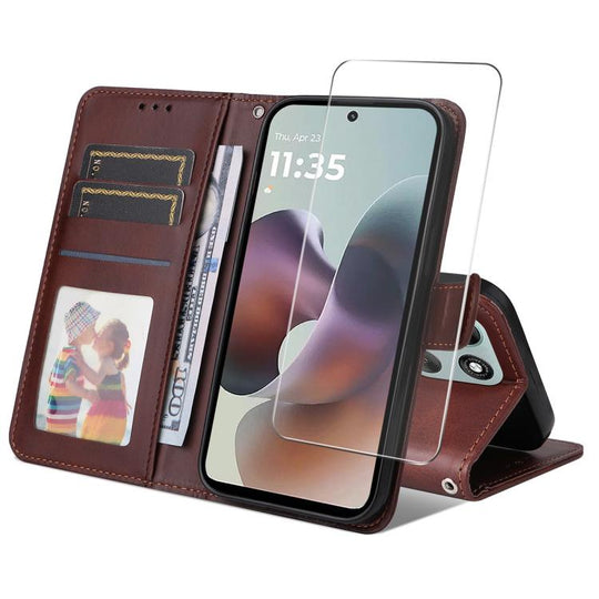 For Motorola Moto G56 / G66j / G66y 5G ENKAY Card Wallet Calf Texture Leather Phone Case with Screen Film(Brown)