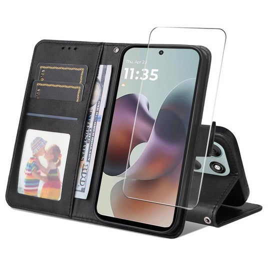 For Motorola Moto G86 / G86 Power ENKAY Card Wallet Calf Texture Leather Phone Case with Screen Film(Black)