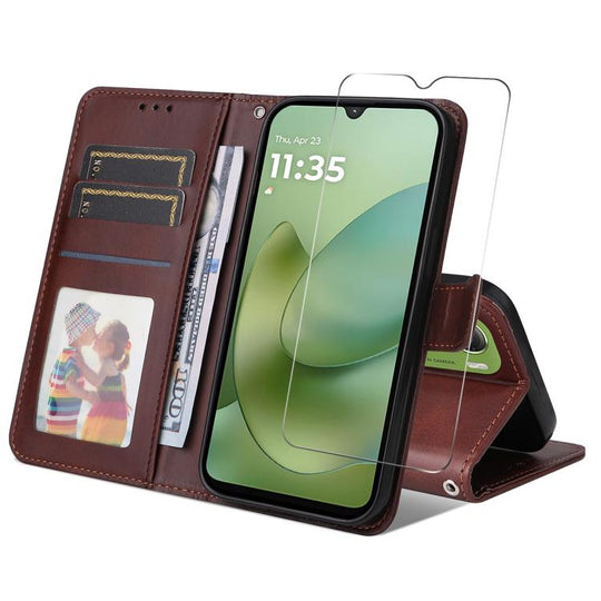 For Motorola Moto G06 4G / G06 Power 4G ENKAY Card Wallet Calf Texture Leather Phone Case with Screen Film(Brown)