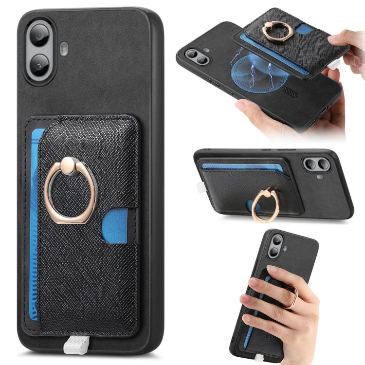 For Nothing CMF Phone 1 Retro Cross Leather Ring Side Insert Card Bag MagSafe Phone Case(Black) - Nothing Cases by buy2fix | Online Shopping UK | buy2fix