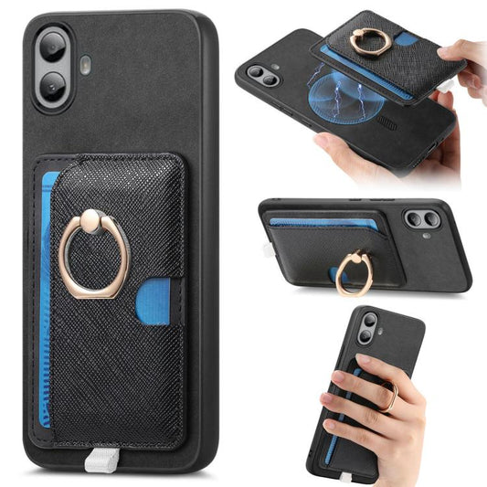 For Nothing CMF Phone 1 Retro Cross Leather Ring Side Insert Card Bag MagSafe Phone Case(Black) - Nothing Cases by buy2fix | Online Shopping UK | buy2fix
