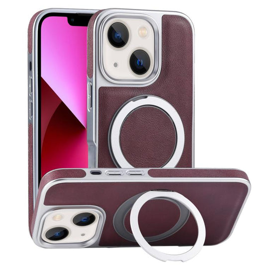 For iPhone 13 Plated Leather Grain Rotation MagSafe Holder Phone Case(Dark Red) - iPhone 13 Cases by buy2fix | Online Shopping UK | buy2fix
