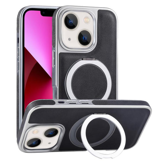 For iPhone 13 Plated Leather Grain Rotation MagSafe Holder Phone Case(Black) - iPhone 13 Cases by buy2fix | Online Shopping UK | buy2fix