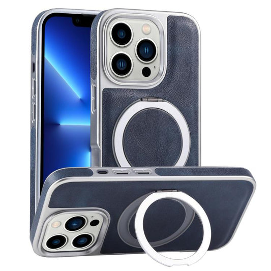 For iPhone 13 Pro Plated Leather Grain Rotation MagSafe Holder Phone Case(Blue) - iPhone 13 Pro Cases by buy2fix | Online Shopping UK | buy2fix