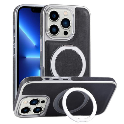 For iPhone 13 Pro Plated Leather Grain Rotation MagSafe Holder Phone Case(Black) - iPhone 13 Pro Cases by buy2fix | Online Shopping UK | buy2fix