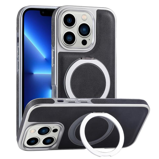For iPhone 13 Pro Plated Leather Grain Rotation MagSafe Holder Phone Case(Black) - iPhone 13 Pro Cases by buy2fix | Online Shopping UK | buy2fix