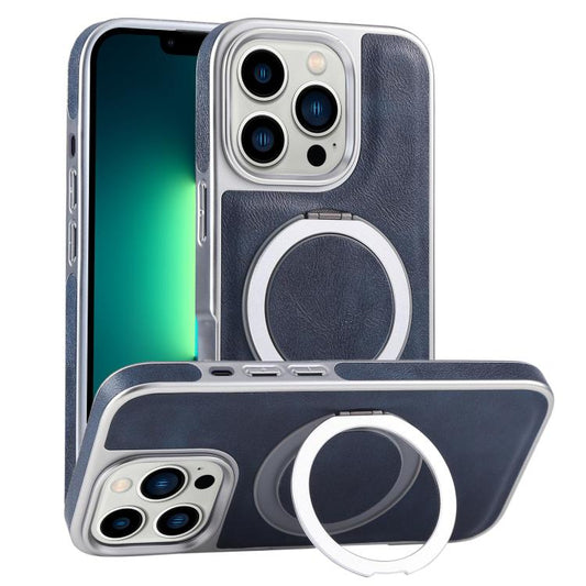 For iPhone 13 Pro Max Plated Leather Grain Rotation MagSafe Holder Phone Case(Blue) - iPhone 13 Pro Max Cases by buy2fix | Online Shopping UK | buy2fix