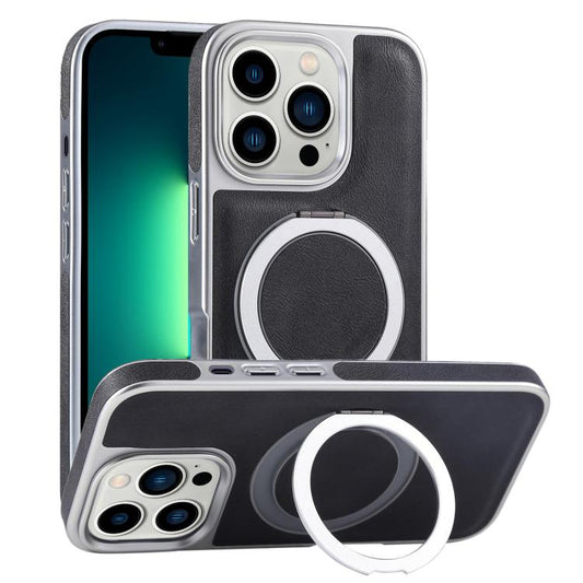 For iPhone 13 Pro Max Plated Leather Grain Rotation MagSafe Holder Phone Case(Black) - iPhone 13 Pro Max Cases by buy2fix | Online Shopping UK | buy2fix