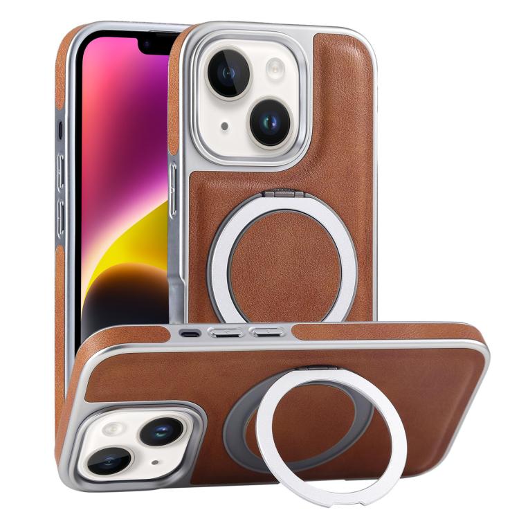 For iPhone 14 Plated Leather Grain Rotation MagSafe Holder Phone Case(Brown) - iPhone 14 Cases by buy2fix | Online Shopping UK | buy2fix