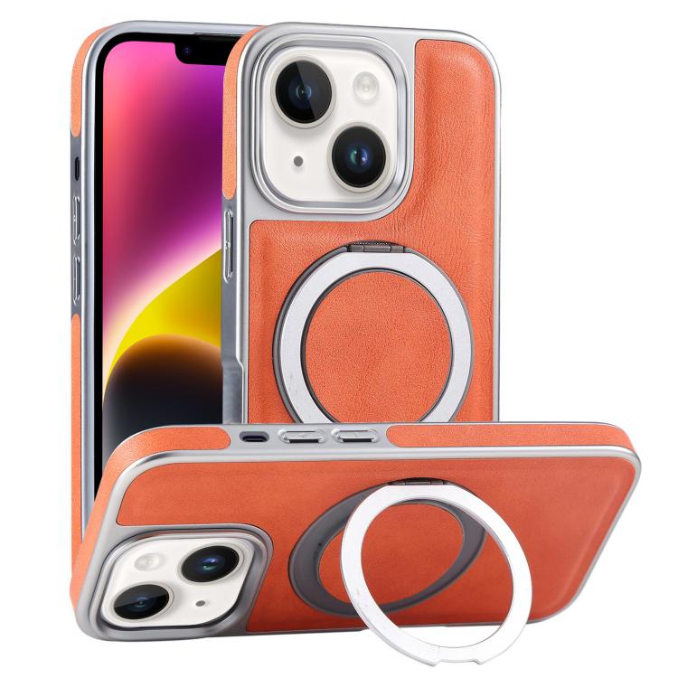 For iPhone 14 Plated Leather Grain Rotation MagSafe Holder Phone Case(Orange) - iPhone 14 Cases by buy2fix | Online Shopping UK | buy2fix