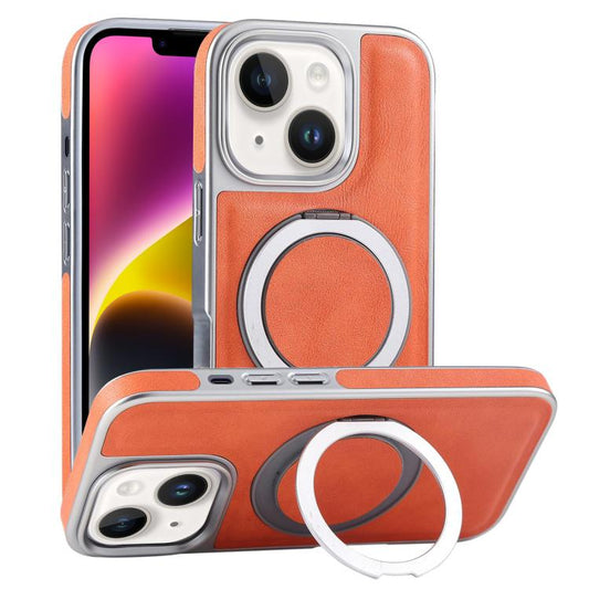 For iPhone 14 Plated Leather Grain Rotation MagSafe Holder Phone Case(Orange) - iPhone 14 Cases by buy2fix | Online Shopping UK | buy2fix