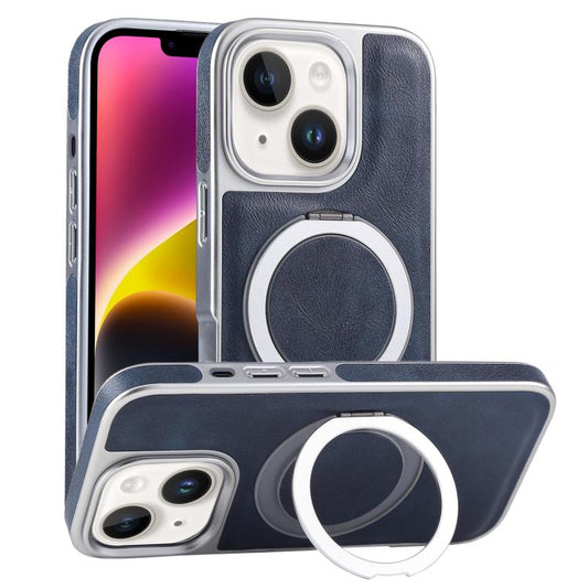 For iPhone 14 Plus Plated Leather Grain Rotation MagSafe Holder Phone Case(Blue) - iPhone 14 Plus Cases by buy2fix | Online Shopping UK | buy2fix