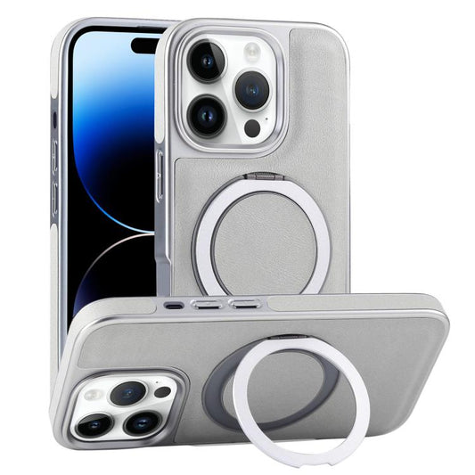 For iPhone 14 Pro Max Plated Leather Grain Rotation MagSafe Holder Phone Case(Grayish Green) - iPhone 14 Pro Max Cases by buy2fix | Online Shopping UK | buy2fix