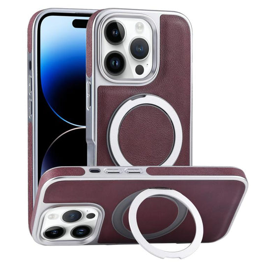 For iPhone 14 Pro Max Plated Leather Grain Rotation MagSafe Holder Phone Case(Dark Red) - iPhone 14 Pro Max Cases by buy2fix | Online Shopping UK | buy2fix