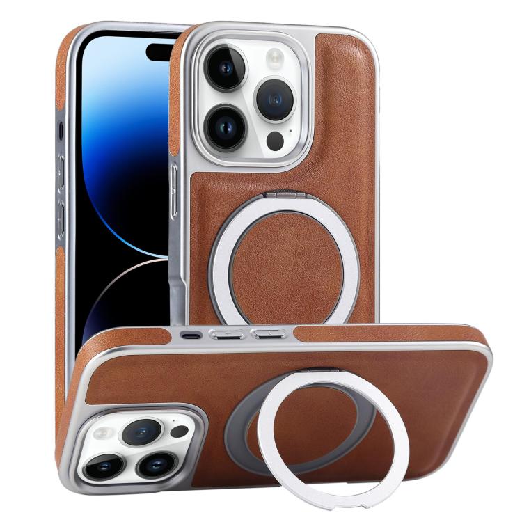 For iPhone 14 Pro Max Plated Leather Grain Rotation MagSafe Holder Phone Case(Brown) - iPhone 14 Pro Max Cases by buy2fix | Online Shopping UK | buy2fix