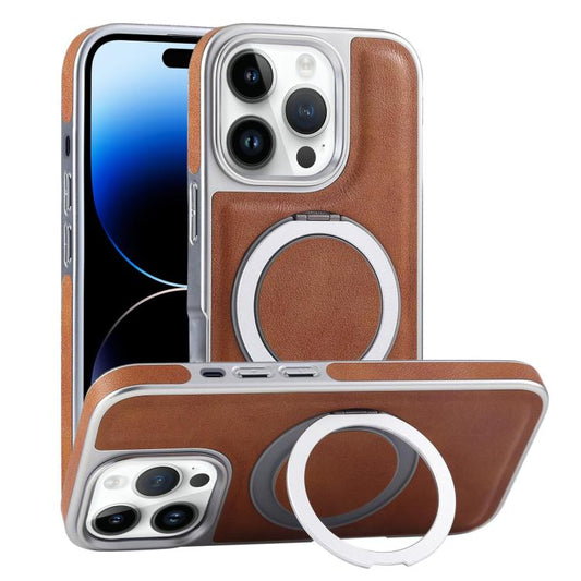 For iPhone 14 Pro Max Plated Leather Grain Rotation MagSafe Holder Phone Case(Brown) - iPhone 14 Pro Max Cases by buy2fix | Online Shopping UK | buy2fix