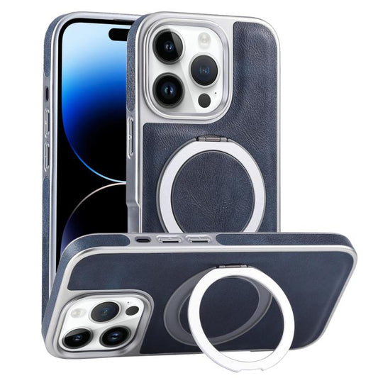 For iPhone 14 Pro Max Plated Leather Grain Rotation MagSafe Holder Phone Case(Blue) - iPhone 14 Pro Max Cases by buy2fix | Online Shopping UK | buy2fix