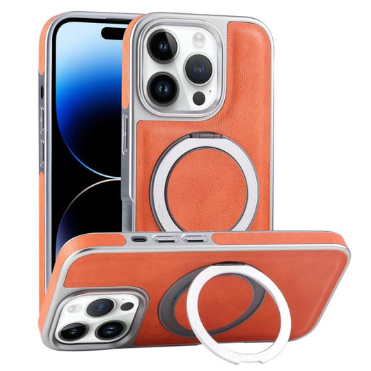 For iPhone 14 Pro Max Plated Leather Grain Rotation MagSafe Holder Phone Case(Orange) - iPhone 14 Pro Max Cases by buy2fix | Online Shopping UK | buy2fix
