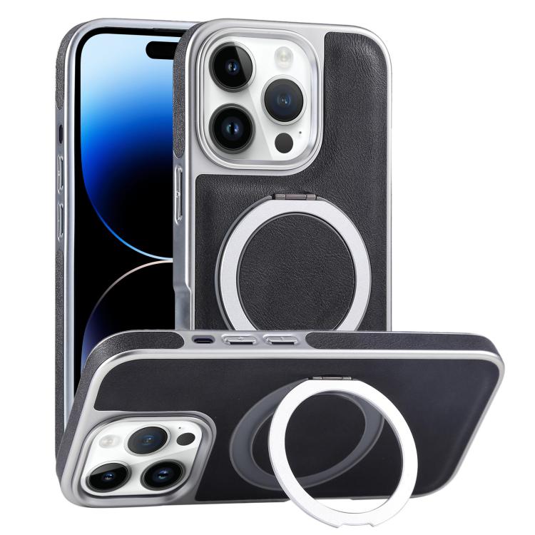 For iPhone 14 Pro Max Plated Leather Grain Rotation MagSafe Holder Phone Case(Black) - iPhone 14 Pro Max Cases by buy2fix | Online Shopping UK | buy2fix