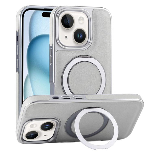 For iPhone 15 Plated Leather Grain Rotation MagSafe Holder Phone Case(Grayish Green) - iPhone 15 Cases by buy2fix | Online Shopping UK | buy2fix