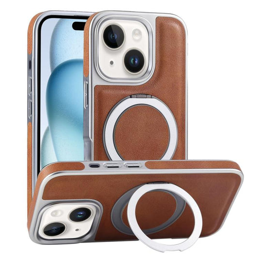 For iPhone 15 Plated Leather Grain Rotation MagSafe Holder Phone Case(Brown) - iPhone 15 Cases by buy2fix | Online Shopping UK | buy2fix