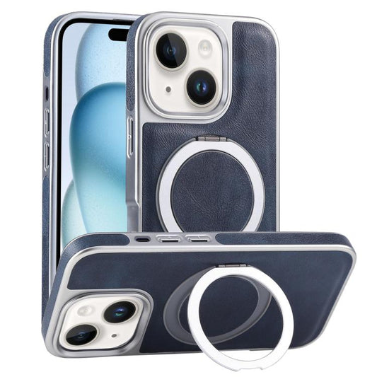 For iPhone 15 Plated Leather Grain Rotation MagSafe Holder Phone Case(Blue) - iPhone 15 Cases by buy2fix | Online Shopping UK | buy2fix