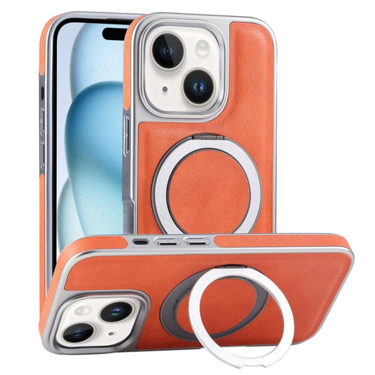 For iPhone 15 Plated Leather Grain Rotation MagSafe Holder Phone Case(Orange)