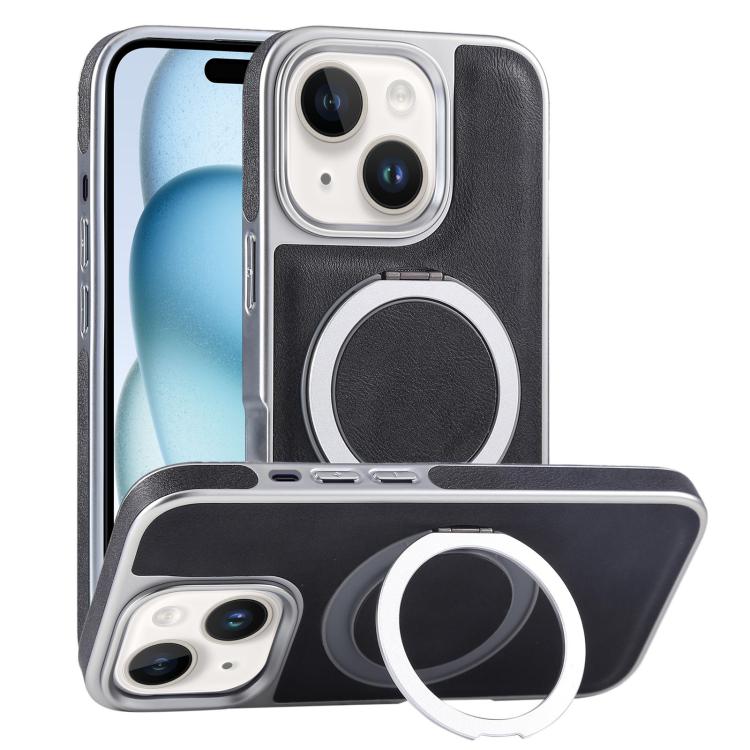 For iPhone 15 Plated Leather Grain Rotation MagSafe Holder Phone Case(Black) - iPhone 15 Cases by buy2fix | Online Shopping UK | buy2fix