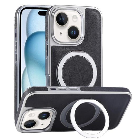 For iPhone 15 Plated Leather Grain Rotation MagSafe Holder Phone Case(Black) - iPhone 15 Cases by buy2fix | Online Shopping UK | buy2fix