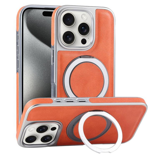 For iPhone 15 Pro Plated Leather Grain Rotation MagSafe Holder Phone Case(Orange) - iPhone 15 Pro Cases by buy2fix | Online Shopping UK | buy2fix