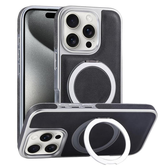 For iPhone 15 Pro Plated Leather Grain Rotation MagSafe Holder Phone Case(Black) - iPhone 15 Pro Cases by buy2fix | Online Shopping UK | buy2fix