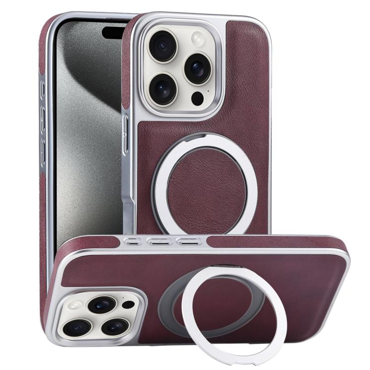 For iPhone 15 Pro Max Plated Leather Grain Rotation MagSafe Holder Phone Case(Dark Red) - iPhone 15 Pro Max Cases by buy2fix | Online Shopping UK | buy2fix